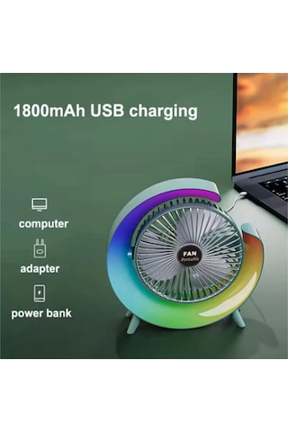 Masaüstü Vantilatör Usb Şarjlı Rgb Led Işıklı 3 Kademeli 180 Ayarlanabilir Soğutucu Fan Yeşil - 9019285946072ynt