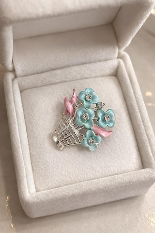 Gümüş Rengi Pembe Mavi Çiçekli Bijuteri Broş Gümüş - Altın