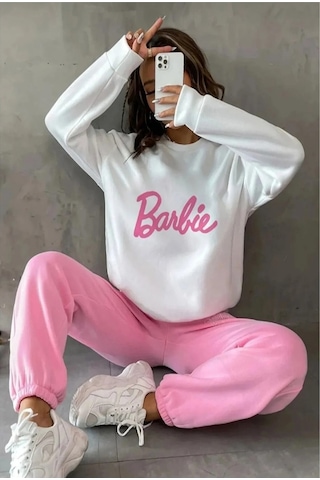 Modagen 3 Iplik Barbie Baskılı Oversize Bisiklet Yaka Sweatshirt Beyaz