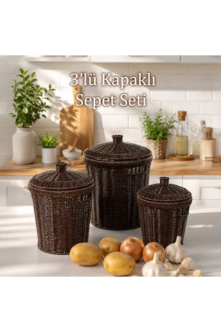 Porsima Pbt-439-1 3lü Hasır Sepet Kapaklı Bambu Sepet Seti Dekoratif Banyo Mutfak Düzenleyici Organizeri Kahverengi