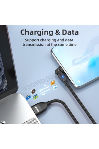 Enkay 180 Derece Dönen Usb'den Type-c 3a Hızlı Şarj Veri Kablosu Led Işıkla, Uzunluk: 1m Kırmızı