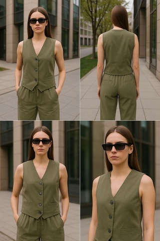 Keten Takım - Haki Yelek & Pantolon İkili Kombin - Modern Fit Yazlık Şık Takım Çok Renkli