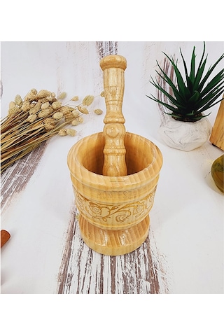 El Yapımı Ahşap Ağaç Havan Sarımsak Döveceği Yaldızlı Lüx 8 Lik