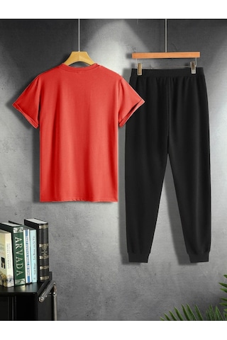 Kanat Kırmızı T-shirt Siyah Eşofman Altı Jogger - Baskılı Alt Üst Takım Oversize Bisiklet Yaka Kırmızı
