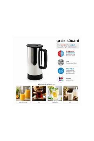 1,5 Litre 304 Paslanmaz Çelik Sürahi Sıcak Soğuk İçecek Sürahisi Çelik Termal Sürahi Çok Renkli