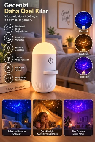 Romantik Atmosfer İçin Ay Yıldız Projeksiyonlu Gece Lambası Standart