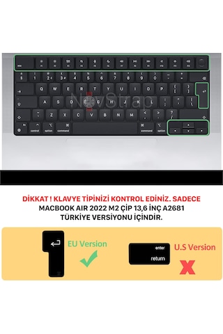 Apple Uyumlu MacBook Air 2022 13.6" M2 A2681 Klavye Koruyucu Kılıf Siyah