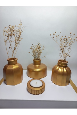 Modern Minimal Vazo Set 3'lü, Ev & Ofis Hediyelik, Dekoratif Obje, Gold