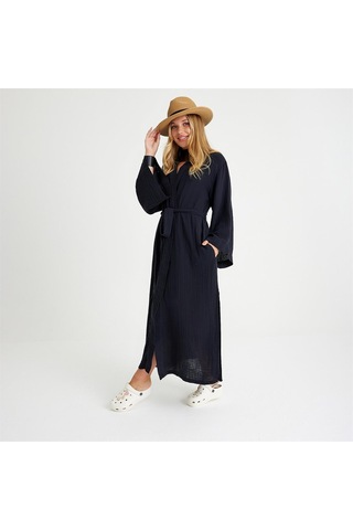 Miespiga Pamuklu Dokuma Beli Kuşaklı Maxi Kadın Kimono Kaftan - Small Medium Siyah