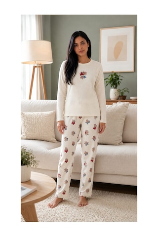 Pemilo Kadın 8811-5 Berlin Uzun Kol Sıfır Yaka Pijama Takım Beyaz