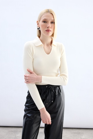 Sateen Polo Yaka Triko - Ekru-132061 Ekru