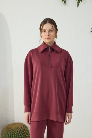 Aker Bordo Yakası Ve Yan Yırtmaçları Fermuarlı Modal Sweatshirt Bordo Bordo