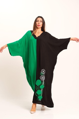 Keyifli Moda Kadın Yeşil Siyah Garnili V Yaka Eteği Nakışlı Cepli Oversize Uzun Elbise - Yesıl Yeşil