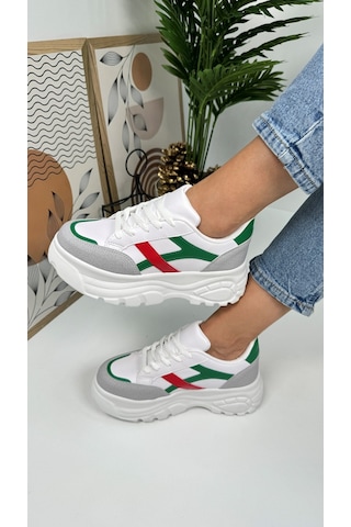 Günlük Kadın Sneaker Kalın Yüksek Taban Bağcıklı Rahat Tiger Şeritli Spor Ayakkabı 032 08-taş Yeşil Kırmızı