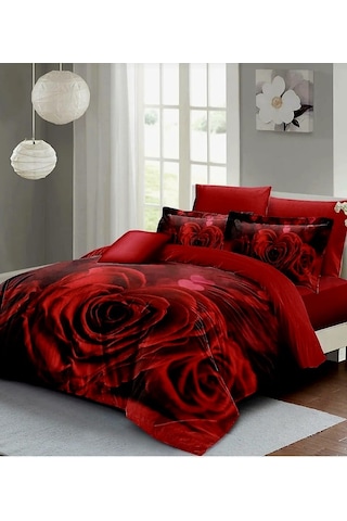 240x260 Cm Çift Kişilik Nevresim Takımı Pamuk Saten Çeyizlik Premium Güllü Kalpli Lüx Marka Kırmızı Kırmızı Gül