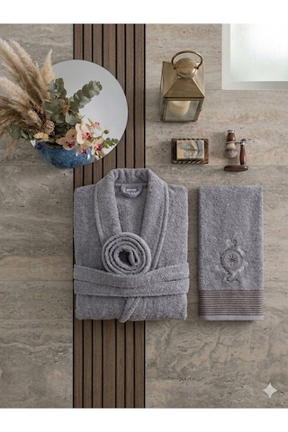 Premium 2'li Aile Bornoz Seti Çeyizlik Pamuklu Hediyelik Banyo Takımı L/xl Antrasit