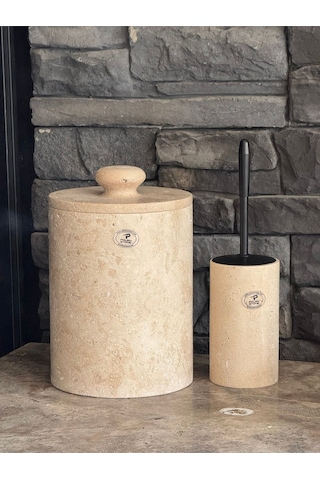 Yeni Traverten Doğaltaş Kendinden Kulplu 2 Li Banyo Takımı Büyük Çöp Kovalı 26x20 Beyaz