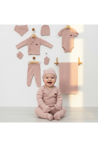 Milays 0-3 Ay Bebeklere %100 Pamuk Çıtçıtlı Body Li Havlulu 7 Parçalı Zıbın Takımı Pudra