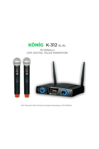 König K-312 Çift El Kablosuz Telsiz Mikrofon 16 Digital Kanal Uhf