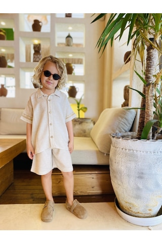 Kolları Nakışlı Gömlek Şort Keten Erkek Çocuk Takım Naturel