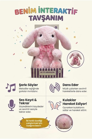 Pembe Tavşan Arkadaşım Sesli Müzikli Ses Kaydı Ve Ses Tekrarı Yapan Hareketli Kulaklı Oyuncak Peluş