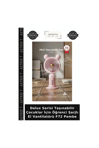 Delux Serisi Taşınabilir Çocuklar İçin Öğrenci Şarjlı El Vantilatörü F72 Pembe