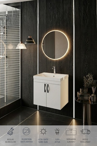 Ege 60 Cm Led Aynalı, 2 Kapaklı Banyo Dolabı Seti, Seramik Lavabo Dahil, Led'li Beyaz