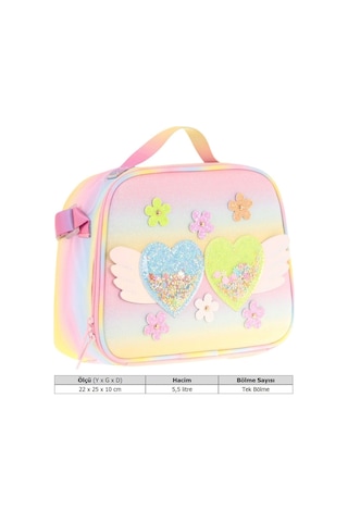 Kaukko Kids Kız Çocuk Isı Yalıtımlı Okul/piknik Beslenme Çantası Simli Kalp Ve Çiçekler L7213 Mavi - Yeşil