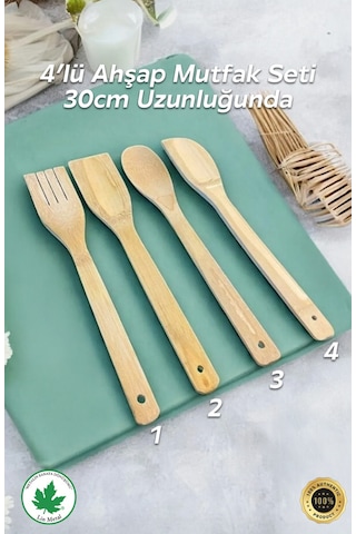 4'lü Tahta Yemek Gereçleri - 4 Boy Tahta Kaşık - Tahta Kaşık 28 Cm.-28 Cm.-32cm. Kahverengi