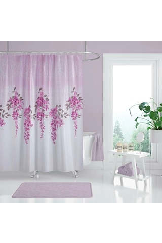 Banyo Perdesi 7359 1x180x200, Perde Borusu Askı Aparatı Köşe Boru Pembe Hediyeli, Duş Perdesi Seti Pembe