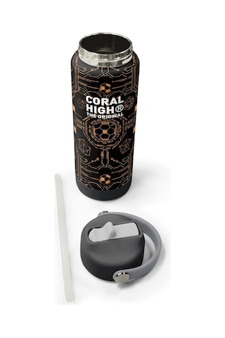 Coral High 650 Ml Erkek Çocuk Siyah Kahverengi Futbol Topu Baskılı Çelik Suluk/matara Pipetli 38317 Gri - Siyah