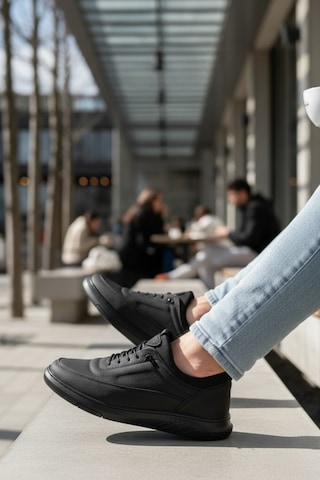 Enoch Hakiki Deri Dalgalı Nakış Detaylı Erkek Sneaker Ortopedik Taban Siyah