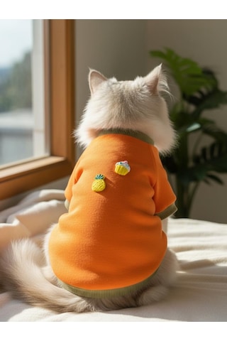 Kemique Ice Cream & Pineapple Turuncu Haki Kedi Polar Sweatshirt Sıcak Tutan Yumuşak Kedi Kıyafeti