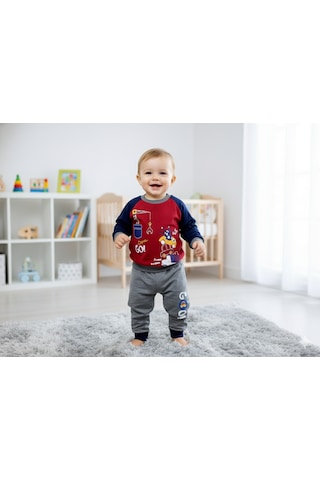 Mj Kids Erkek Bebek/çocuk Araba Desenli 2'li Takım Sweatshirt Ve Eşofman Altı 6-9-12aylık Gri