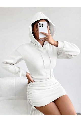 3 İplik Şardonlu Kapşonlu Elbise Beyaz Beyaz