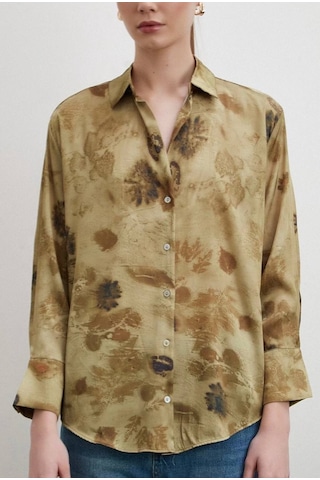 Kadın Uzun Kol Desenli Renkli Pamuk Saten Premium Kalite Spor Şık Gömlek Haki