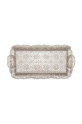 Osmanlı Motifli Küçük Metal Servis Tepsisi Dekoratif Sunum Tepsisi, 36 X 18 Cm, 306 G Gümüş Grisi 15cm