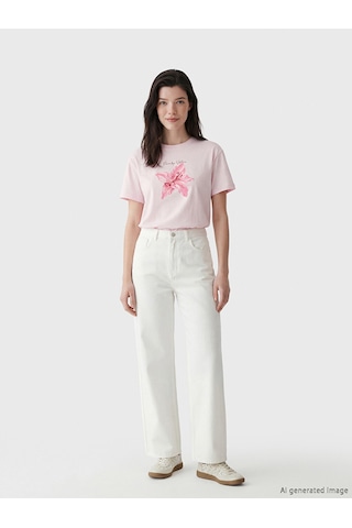 Lcw Comfort Pembe Çiçek Baskılı %100 Pamuklu Kadın Tişört