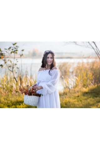 Modalabio Moda Labio - Babyshower Dökümlü Hamile Elbisesi Beyaz