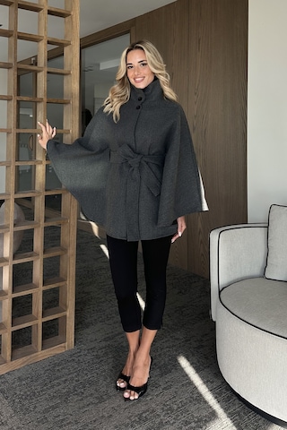 Antrasit Düğmeli Kuşaklı Kaşe Panço - 2055 Antrasit