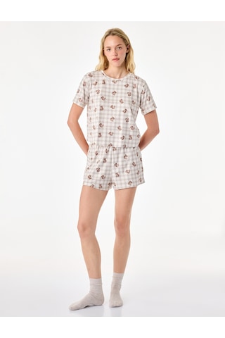 Koton Rahat Kalıp Ayıcık Baskılı Kısa Kollu Şortlu Pijama Takımı Ekru Desenli 7wlk40118mk