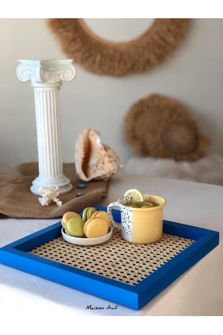 Rattan Hazeran Kare Tepsi Alaçatı Mavisi %100 Doğal Hazeran M028