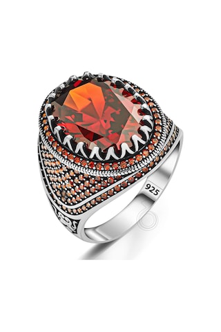 Gümüş Kırmızı Zirkon Taşlı Erkek Yüzük Gümüş - Altın