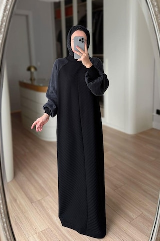 Kahijab Kendinden Desenli Yarım Balıkçı Merserize Elbise - Siyah