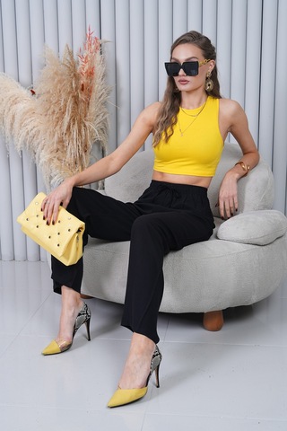 Polologin Butik Beli Bağcıklı Yüksek Bel Bol Paça Siyah Pantolon Siyah