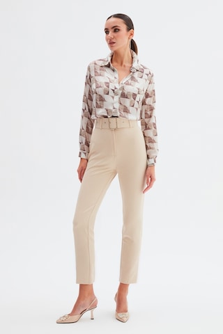 Sateen Yüksek Bel Kemerli Pantolon - Bej