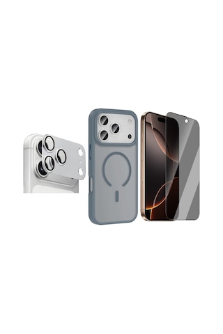 Vendas Apple iPhone Uyumlu 17 Pro Kılıf M-safe Şarj Özellikli Mat Arka Yüzey Zore Sio Kapak +lens +ekran Koruyucu Gri