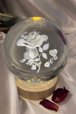 3d Led Işık Cam Küre Tek Renk Ahşap Gül I Love You Büyük Boy 10 Cm