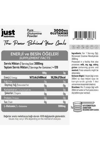 Just Nutrition L-glutamine 360 Gr Glutamin 120 Servis + Shaker + Protein Kahve Hediyeli Aromasız