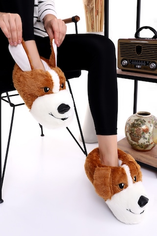 Wordex Hayvanlı H10 Köpekli Kışlık Kadın Erkek Çocuk Panduf Ev Içi Sessiz Taban Panduf Taba